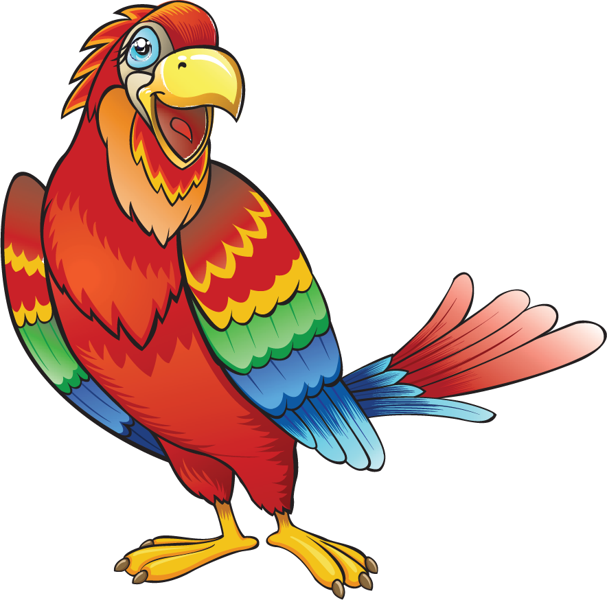A rainbow colored cartoon parrot stands looking ahead with its beak open in a smile.