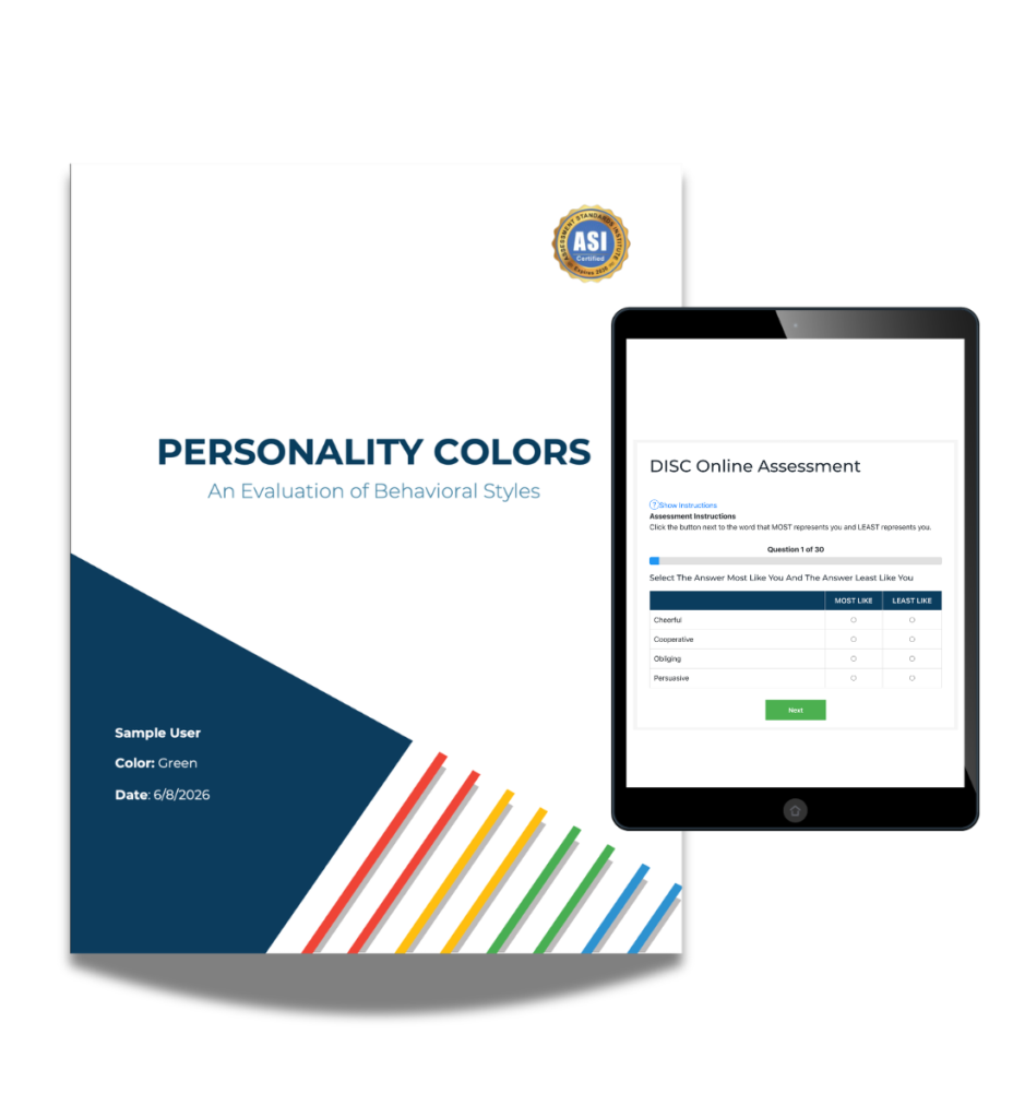 Image shows a cover page of the Personality Colors Report with an iPad showing the screen of the assessment process.