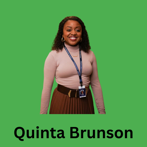 Image shows a photo of Quinta Brunson on a green background.