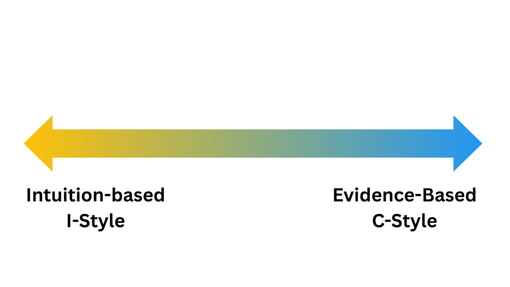 Image shows a yellow-blue double sided arrow with the labels of intuition-based on one end and evidence-based on the other end.