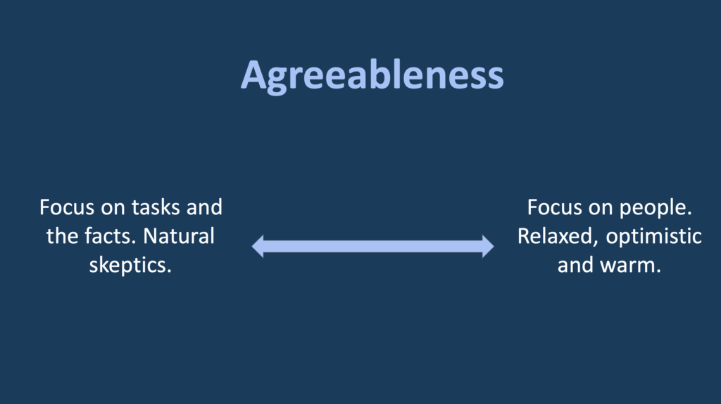 Image has a visible title of 'Agreeableness' with a line in the center pointing towards words on the right and the left. On the left side, the words state: "Focus on tasks and the facts. Natural skeptics." on the right side the words state: "Focus on people. Relaxed, optimistic, and warms.