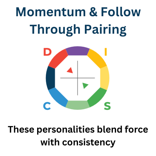 Image shows a DISC circle graph with two arrows pointing inwards towards each other from the D and S personalities. The title states "Momentum & Follow through pairing" and the sub heading states: "these personalities blend force with consistency"