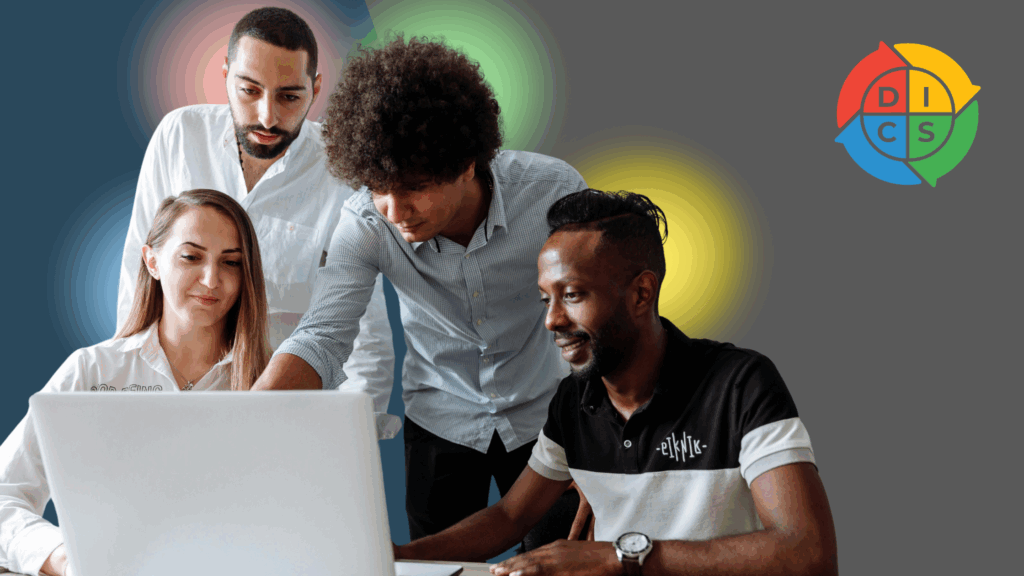 Image shows a group of people working around a computer with a colorful halo around their heads. An image of Online DISC Profile is featured in the top right corner.