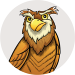 Cartoon style owl with head tilted to the side in light colored circle.