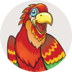 Brightly colored cartoon parrot cropped in a circle.